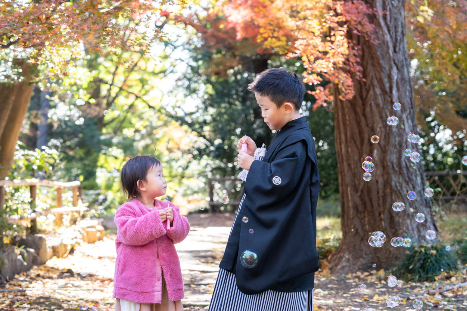 神社で七五三の撮影をする兄弟