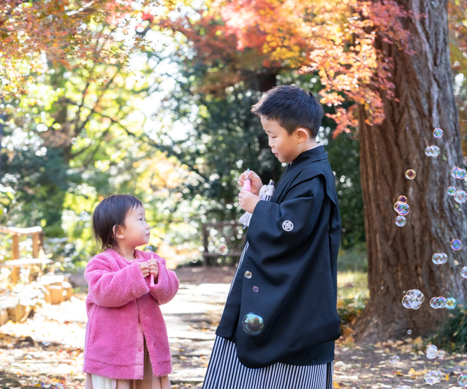 神社で七五三の撮影をする兄弟