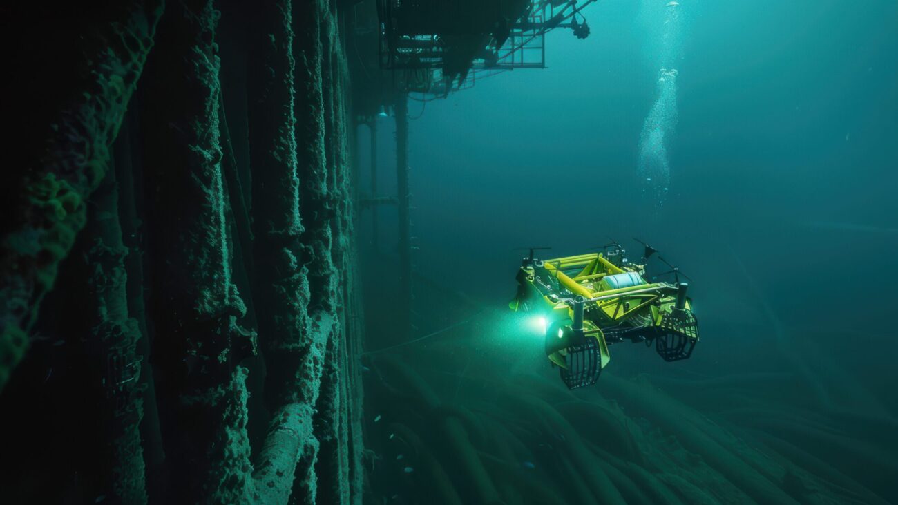 A remote -operated vehicle (ROV ) underwater , inspecting an offshore structure.