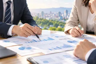 資料やパソコンを確認しながら、企業に必要な広報支援の内容を整理する様子